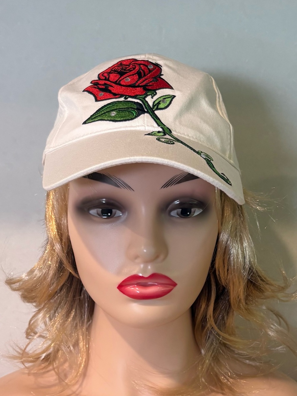 Nevada Red Embroidered Rose
Rhinestone Baseball Cap 100%
Cotton Off White O/S